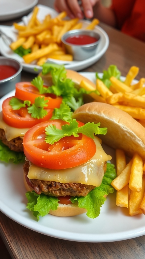Juicy air fryer pork burgers with lettuce, tomato, and cheese on toasted buns, served with fries.